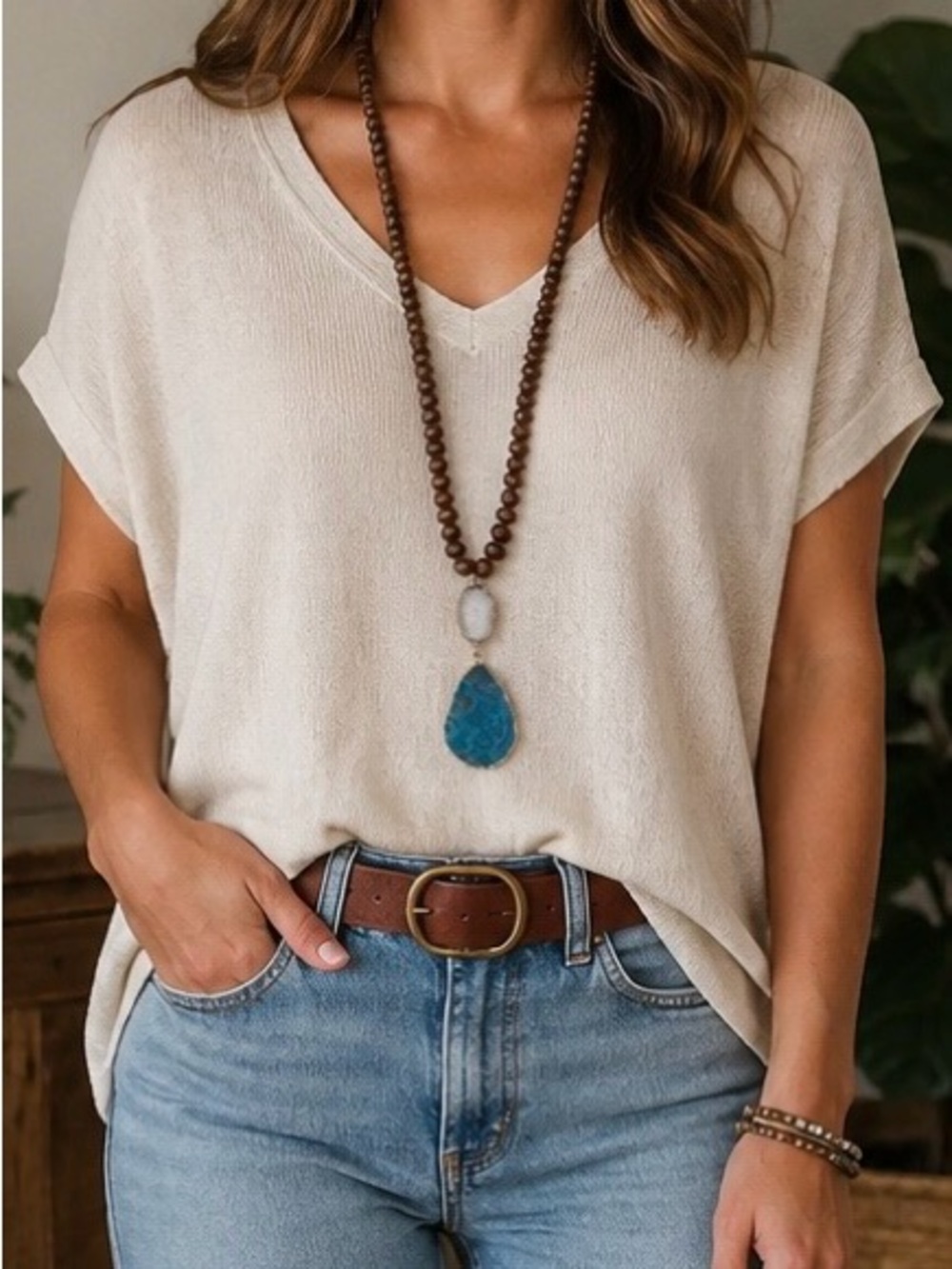 Boho Wood Bead Statement Necklace with Druzy Quartz & Blue Stone Pendant